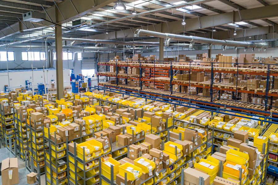 Almacén logístico con cajas en estanterías